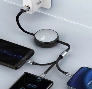 Кабель рулетка (3 в 1) USB Type C, Micro USB, Lightning,120 см / 100 W / 6A / Fast 5019 фото